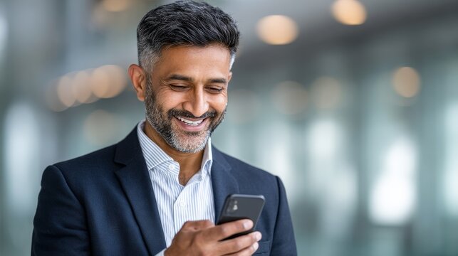 Asian middle-aged male in suit smiling at smartphone in modern office setting - Powered by Adobe