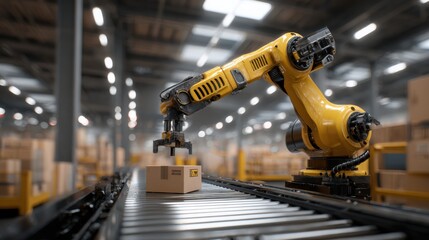 An industrial robot arm efficiently retrieves an item from a conveyor belt in a modern warehouse, showcasing the cutting-edge of automation and futuristic technology in action.