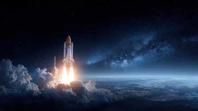 A space shuttle launches into the night sky, leaving a trail of smoke and fire. - Powered by Adobe