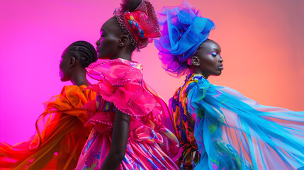 Vibrant fashion photoshoot featuring three african women in colorful dresses and headpieces against a pink and orange gradient background, exuding elegance and style