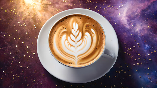 Overhead view of espresso with latte art floating in a starry nebula - Powered by Adobe