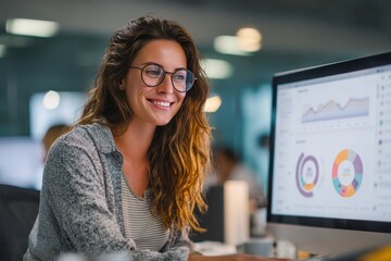 A cheerful businesswoman works diligently at her office desk, analyzing data on her computer. She uses digital marketing software to manage social media and e-commerce, exuding confidence and focus.