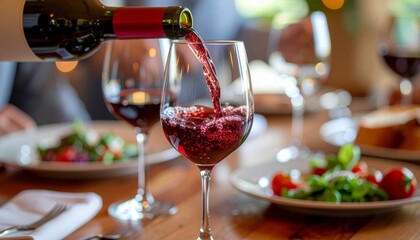 Red wine being poured from a bottle into a glass on a table set with plates of salad, creating a sophisticated dining experience.