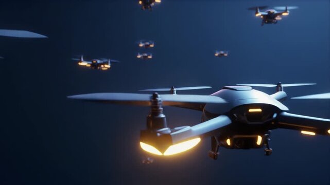 Ultra realistic 3D animation of futuristic drones flying smoothly across a seamless dark blue background with glowing lights high tech design and cinematic style perfect for innovation branding sci fi