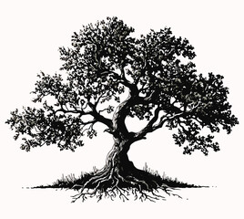 Natural Oak Tree Roots and Branch Silhouette Vector