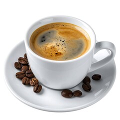 A cup of rich, dark coffee on a white saucer, with coffee beans scattered around