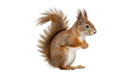 Isolated Squirrel in profile, standing with clasped hands, fluffy tail, upright pose