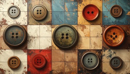 Assortment of Antique Buttons on Textured Tiles Displaying Varied Colors and Surface Details