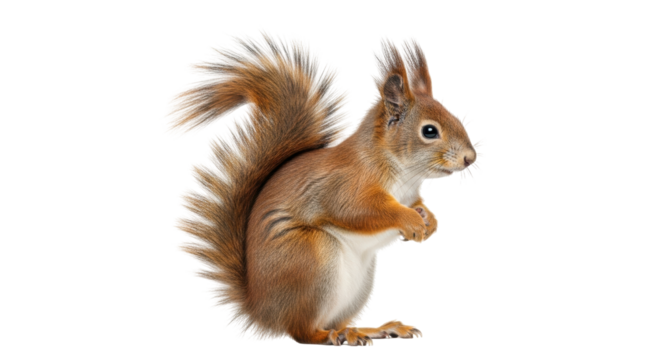 Isolated Squirrel in profile, standing with clasped hands, fluffy tail, upright pose