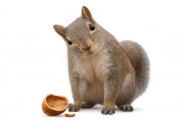 Curious squirrel looking at camera with head tilt next to empty nut shell, transparent background