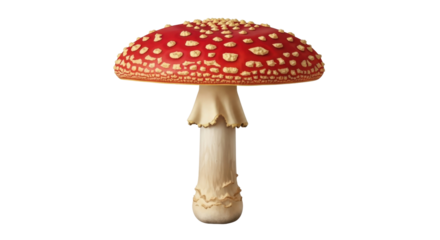 Isolated Amanita muscaria mushroom with a red cap and white spots, toxic toadstool