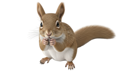 Isolated Squirrel Standing Up and Eating Food, Cute Adorable Rodent, Forest Wildlife