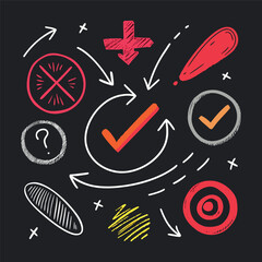 Hand-drawn doodle style colorful icons with circles, arrows, check marks, and symbols