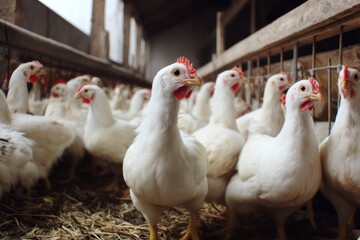 White Chickens in Intensive Animal Farming Stable