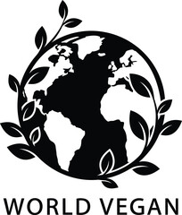 Black Silhouette of Earth Surrounded by Leaves with " World Vegan" Text globe vegetarian