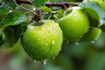 Micro Close-up Fresh Green Apple with Dew