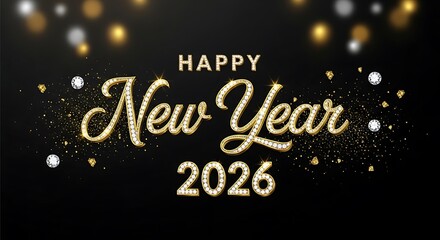 Happy New Year 2026 Festive Glowing Text on Black Background

