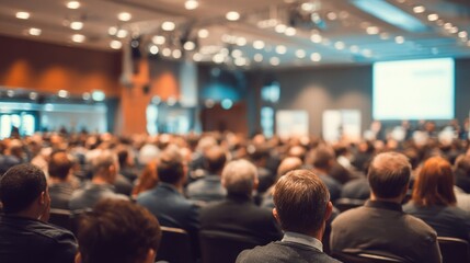 A large, diverse crowd of people in a conference hall, with a projector screen in the background.