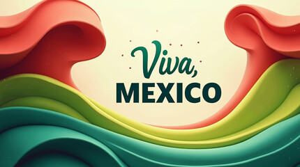 Colorful abstract waves in red, green, and white with Viva Mexico text, festive design for Mexican Independence Day