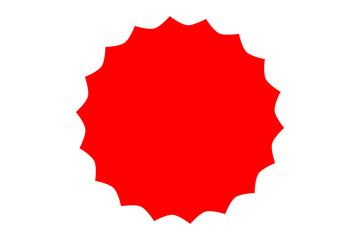 Red starburst badge shape. Discount sale sticker, promotional offer label, product highlight tag, and marketing graphic element for banners and advertisements