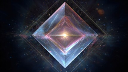 A glowing, multifaceted diamond shape, radiating light and nested in geometric frames against a cosmic backdrop