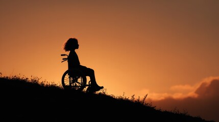 Child Wheelchair Silhouette. Happy Girl in Wheelchair on Hill at Sunset with Emotion and Joy