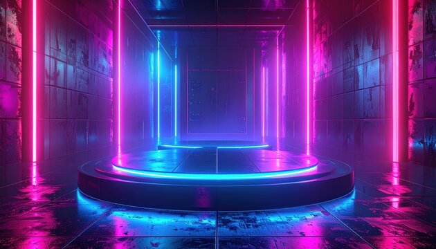Futuristic Neon Interior Design with Blue and Pink Lights on a Circular Stage Reflecting in a Metallic Environment
