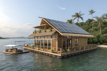 Fototapeta premium Floating Bamboo Eco-Hotel on Water with Solar Power – Sustainable Green Tourism Architecture