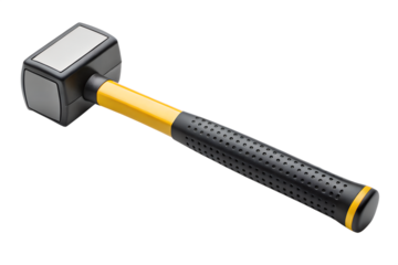 Heavy duty rubber mallet with yellow handle and textured grip isolated on transparent background