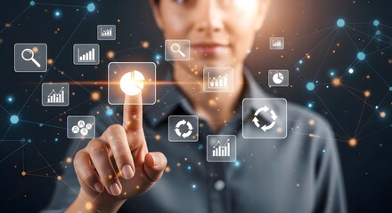 Woman using data analytics interface for business intelligence and data visualization tools