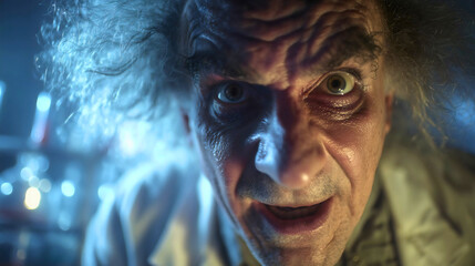 The face of an insane and angry mad scientist, an intense and crazy character shouting in his laboratory, a concept of madness and a dangerous experiment gone wrong, a horror portrait with wild hair.
