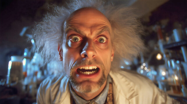 A close-up of a menacing mad scientist, a creepy and sinister evil genius in his horror laboratory, a concept of a failed experiment and forbidden science, a terrifying villain with a crazy look.

 - Powered by Adobe