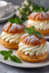 Cream puffs filling with whipped cream and mint
