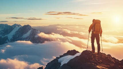 Hiker reaching mountain summit after long journey with copy space, bright morning light, clouds and peaks background.