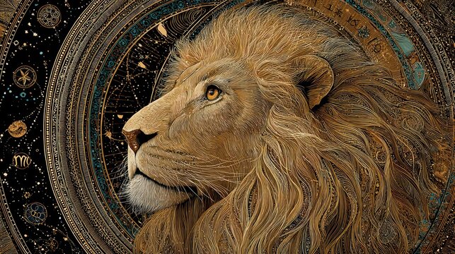 Majestic lion portrait with astrological elements and intricate details