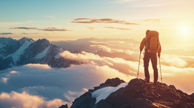 Hiker reaching mountain summit after long journey with copy space, bright morning light, clouds and peaks background. - Powered by Adobe