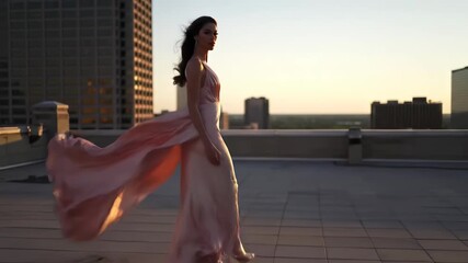 Elegant Woman in Pink Dress Walking on Rooftop Footage at Sunset - Fashion and Lifestyle - Powered by Adobe