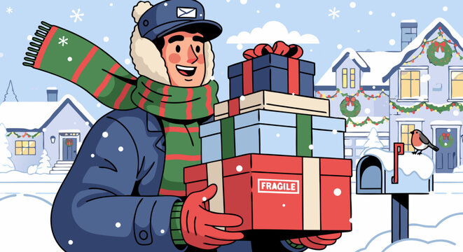 Festive mail carrier delivering holiday gifts in a snowy neighborhood, spreading Christmas cheer with a smile and warm attire