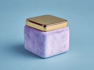 A plush purple jar with a golden lid sits on a light blue background, studio shot