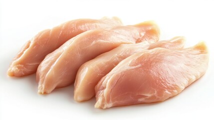 Raw chicken breast fillets neatly arranged isolated with copy space, diffused light, plain white background.