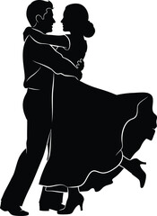 Silhouette of a couple embracing while dancing ballroom dance with flowing dress