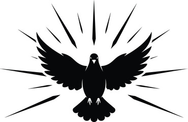 Silhouette of a dove with wings spread and radiating light rays bird