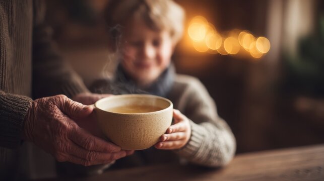 A warm, cozy scene of a grandparent serving a steaming bowl to a child, capturing a moment of love and connection during a chilly day.