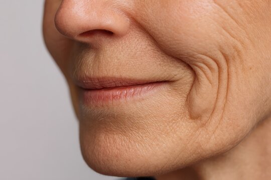 Close-up of Flabby Skin and Wrinkles at Mouth Corner