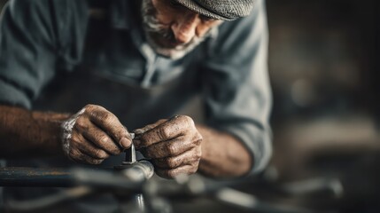 A close-up of a craftsman working with tools, showcasing skilled hands and attention to detail in a workshop setting.
