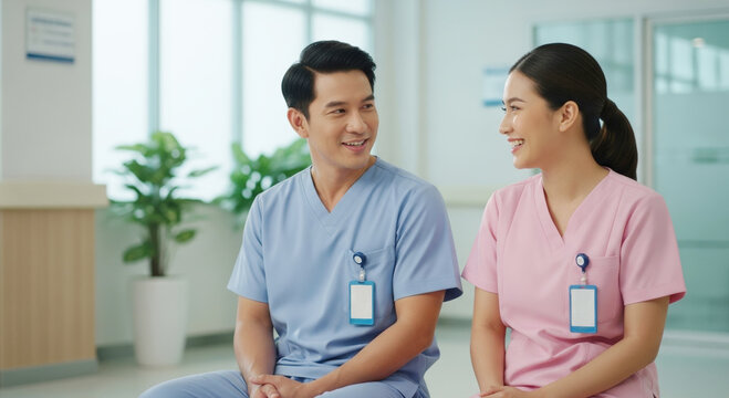 Two healthcare professionals sitting and talking hospital corridor smiling and engaging conversation wearing scrubs and ID badges bright and welcoming medical environment teamwork