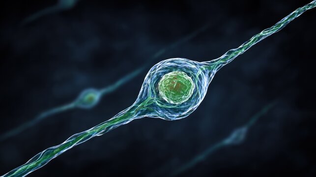 A neuron with a green nucleus and a blue cytoplasm, connected to other neurons by thin filaments.