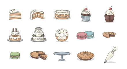 Handdrawn Various Sweet Dessert Cake Pastry Icon Isolated Illustration Set