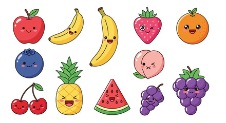 Fototapeta premium Cute Kawaii Style Assorted Fruit with Smiling Faces Sweet Cartoon Icon