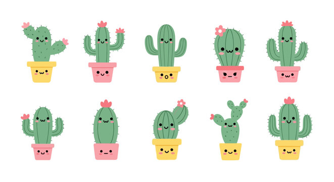 Kawaii Style Illustration of Happy Cactus in Cute Flower Pot Set